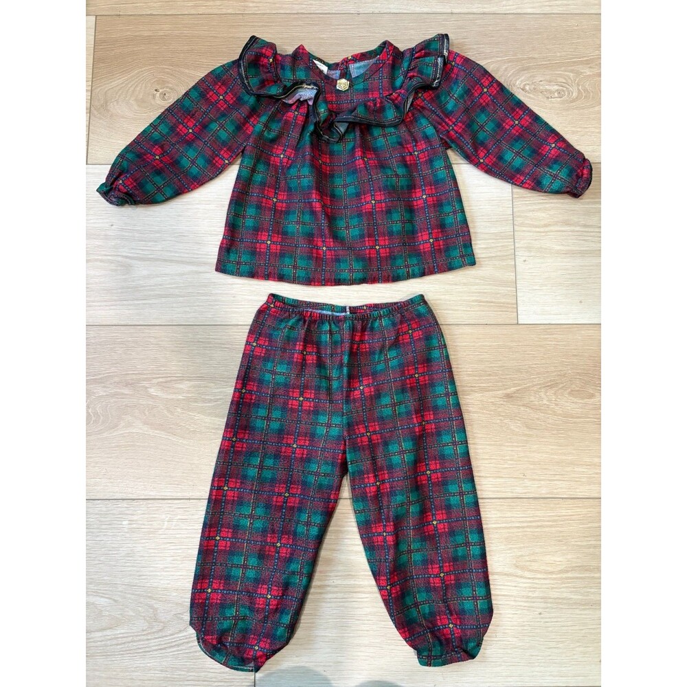 VINTAGE Jackie's Girls 3T Plaid Ruffle Top Pants Set Christmas Tartan Made in US - Picture 1 of 14